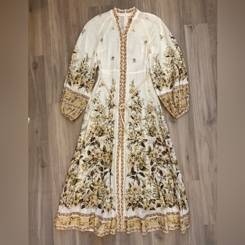 Zimmermann Cream and Gold Floral Midi Dress
